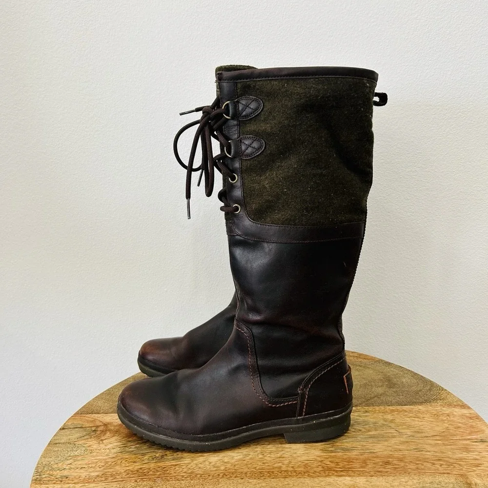 UGG Women's Elsa Boot Waterproof Tall Brown Leather Sherpa Women's Size 9.5